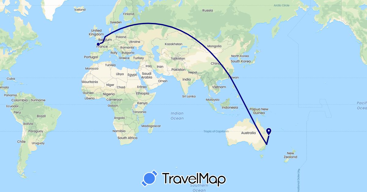 TravelMap itinerary: driving in Australia, China, France, Netherlands (Asia, Europe, Oceania)